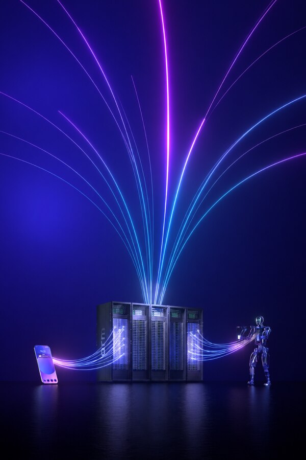 Futuristic digital scene featuring a wireframe humanoid robot, connected car, and drone illuminated by flowing blue and purple light trails.