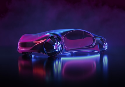 Futuristic car in neon colors on a dark background.