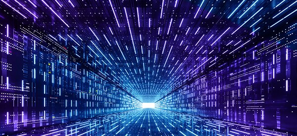 Futuristic digital tunnel of glowing data streams.