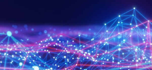 Abstract network of glowing connected nodes and lines in blue and pink, representing data flow or digital connectivity.