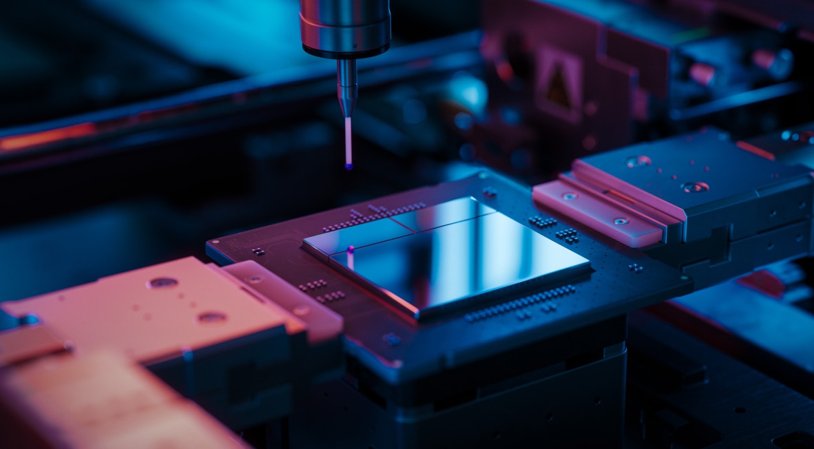 Close-up of semiconductor chip manufacturing.