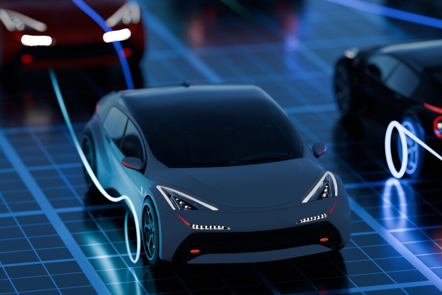 Futuristic cars on a digital grid with neon lighting effects
