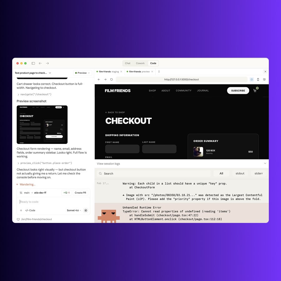 Claude coding interface previewing and testing an ecommerce checkout page.