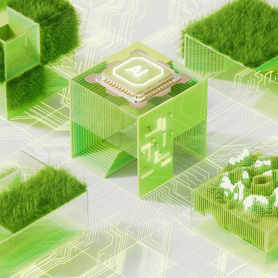 A concept illustration of AI-powered eco-friendly technology with green circuit board elements.
