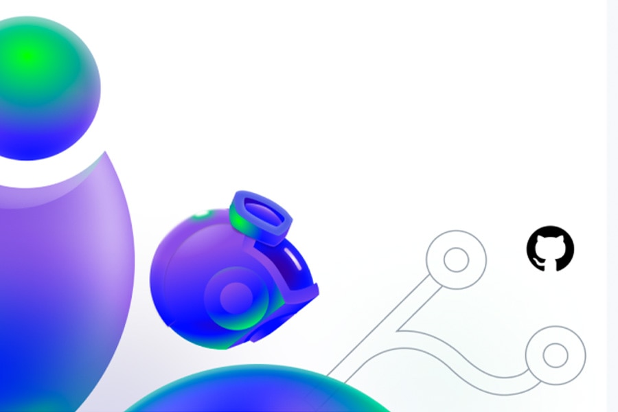 A futuristic abstract design with a robotic theme and GitHub Copilot branding.