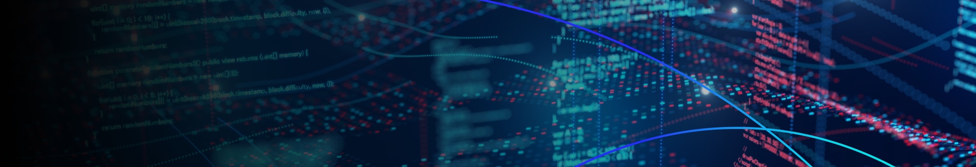 Abstract code visualization with digital lines and text on a blue background.