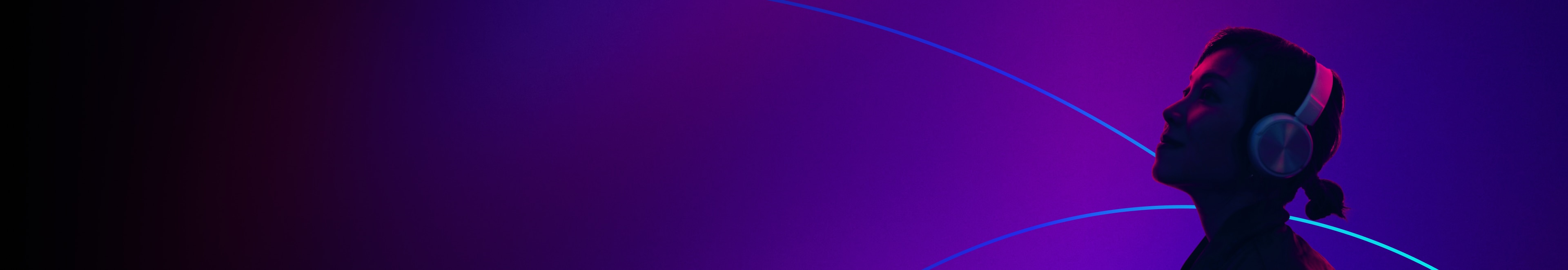 Ignitarium masthead hero - Woman with Headphones - immersive music experience in neon lighting, symbolizing modern audio tech.