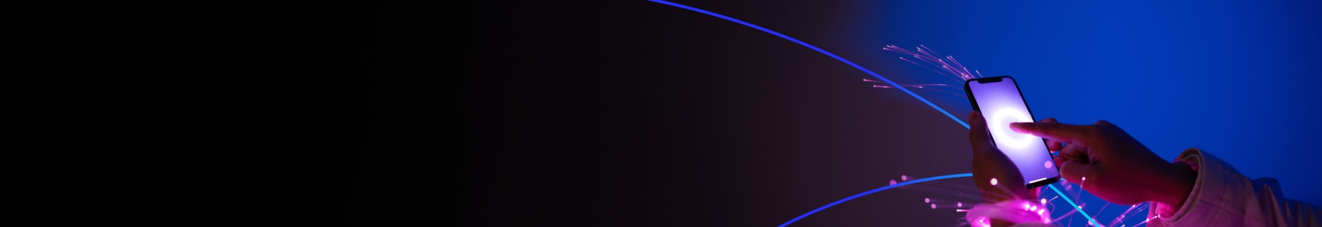 Hand using a smartphone with purple and blue data flow in the background.