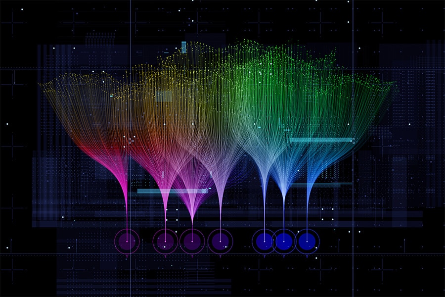 Visualization of colorful data streams converging at a central point.