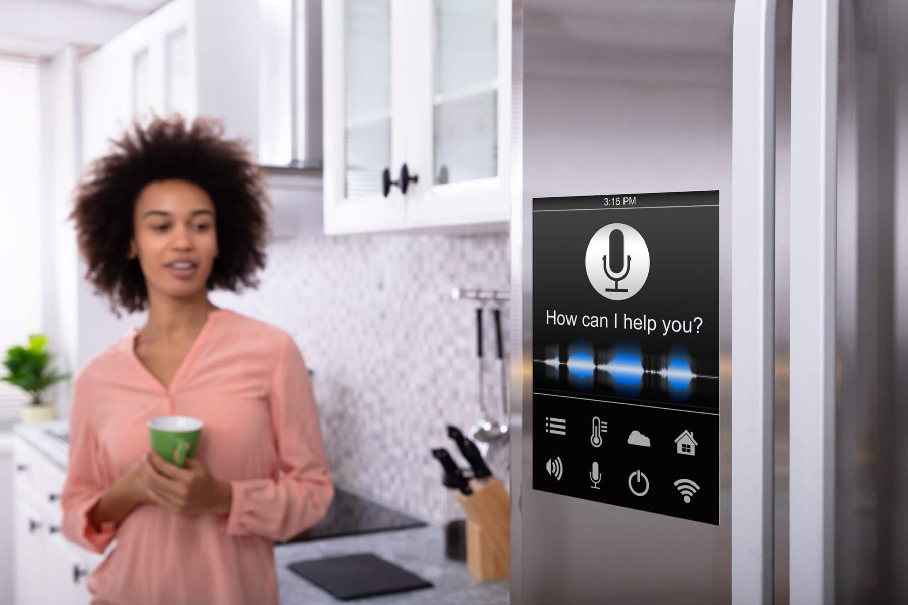 Smart fridge with built-in voice assistant interface.