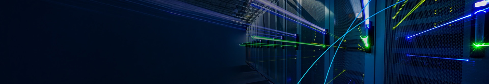Laser-like data streams flow through server racks.