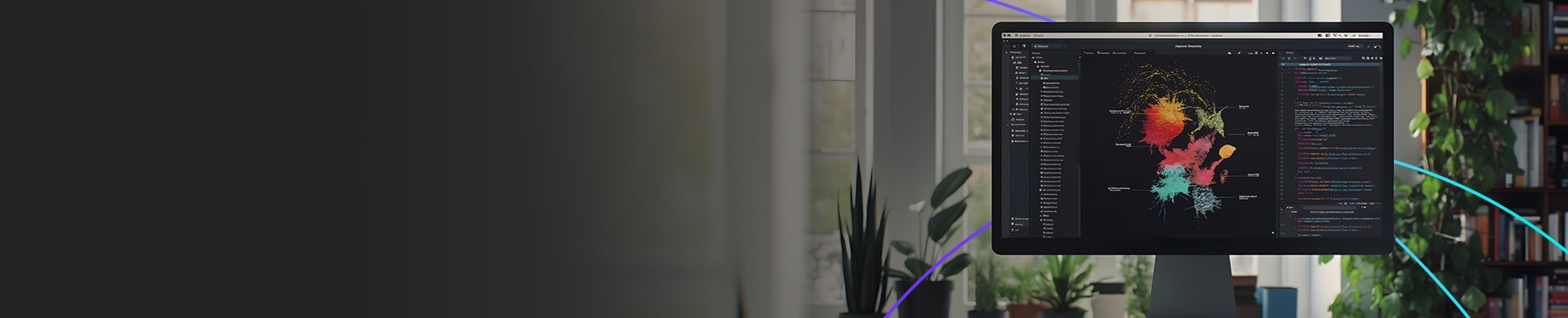 Computer monitor displaying colorful data visualization and code in a modern workspace.