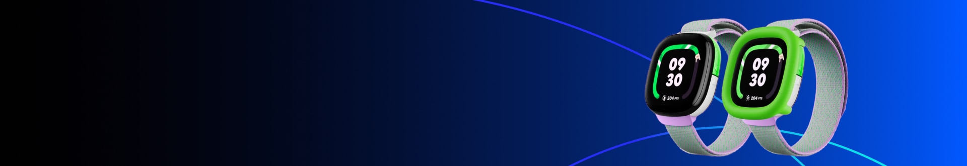 Two fitness smartwatches with green frames and woven straps on a pink background.