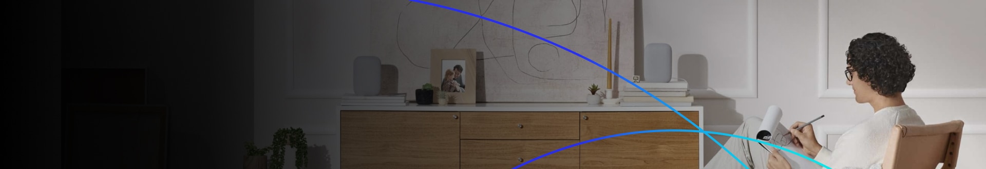 A cozy interior with smart speakers and a split color effect, showcasing a modern home environment.