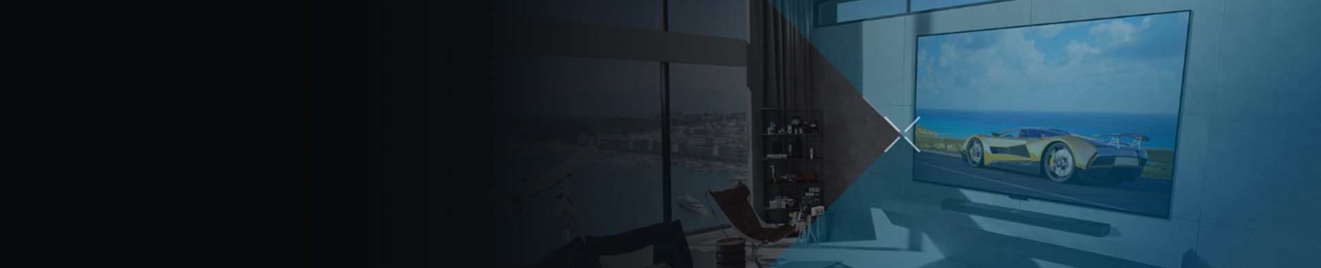 In a modern living room with a large LG TV showing a sports car.