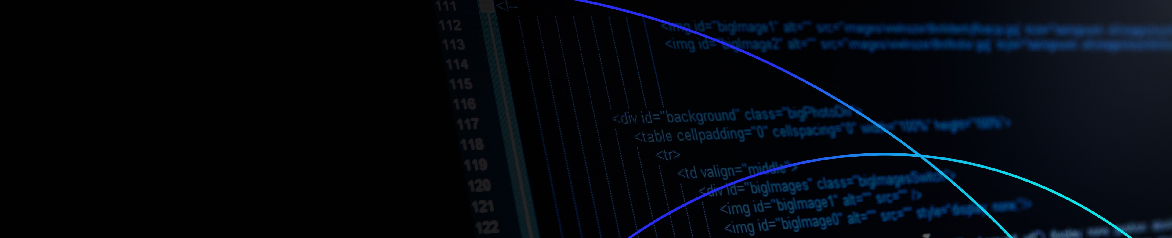 HTML code displayed on a dark screen with curved blue lines.