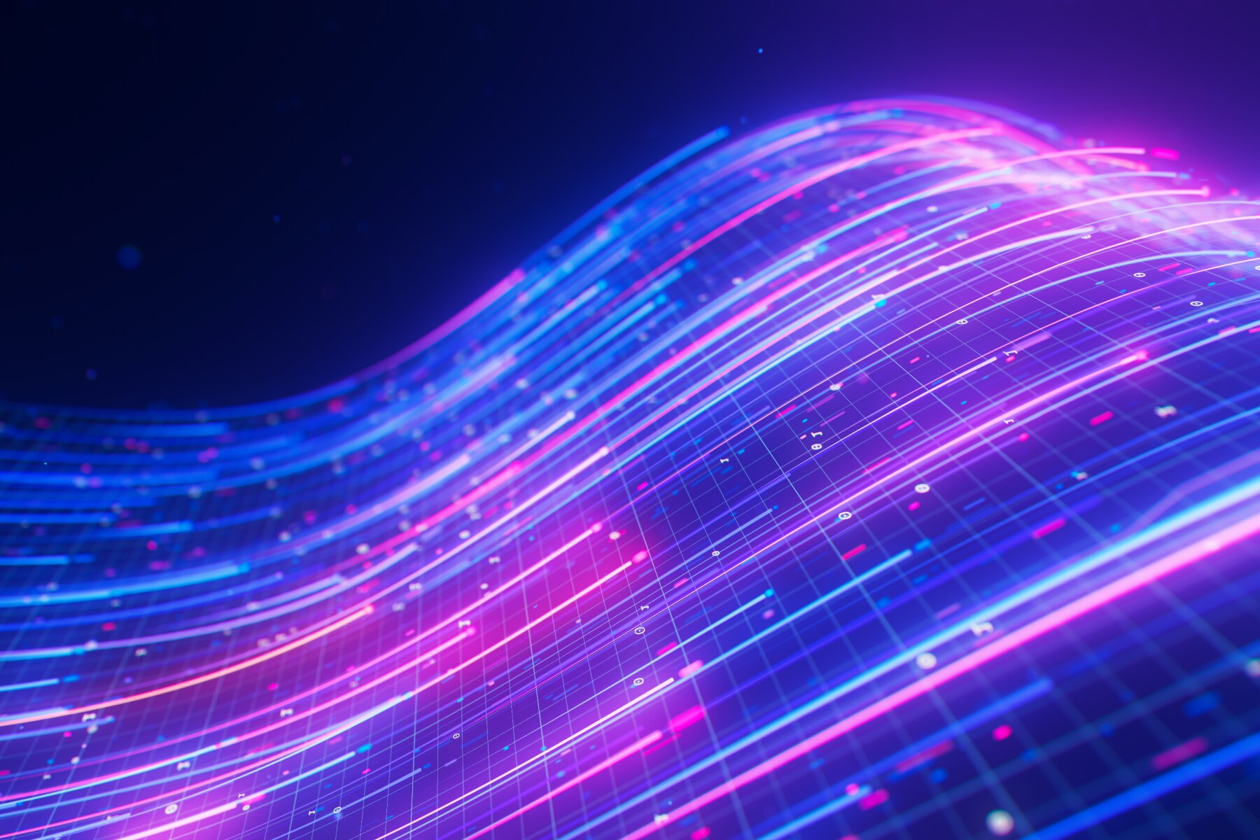 Abstract 3D background with flowing purple and blue lines representing digital technology.