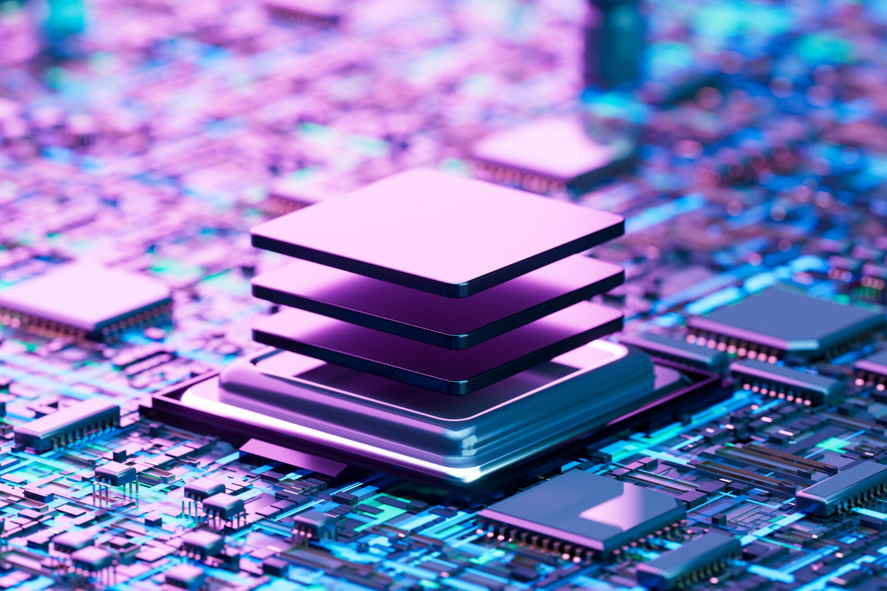 Colorful 3D render of stacked microchips on a motherboard, highlighting advanced semiconductor technology and innovation.