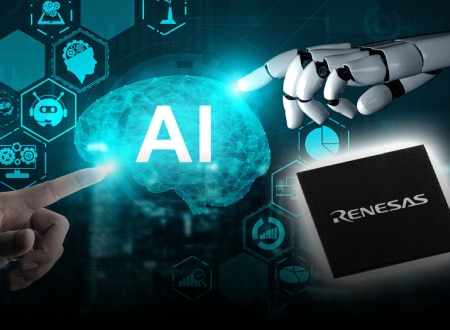 Human and robot hands connect through AI technology.