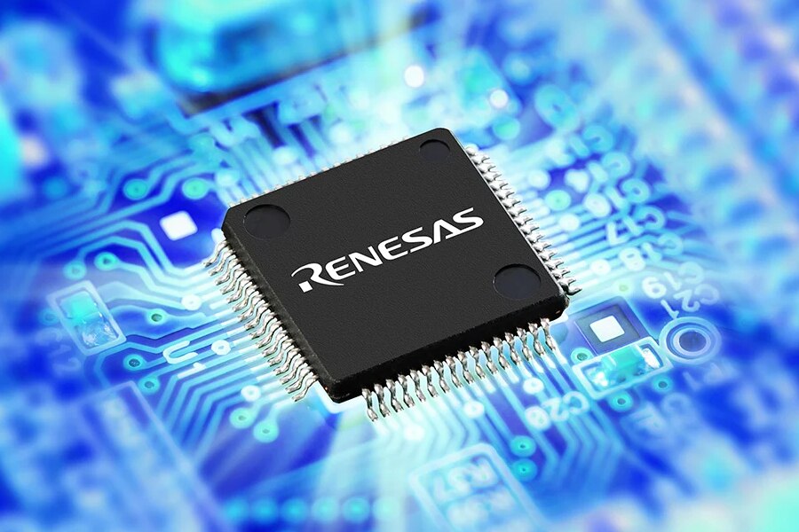 Microchip on a glowing circuit board.