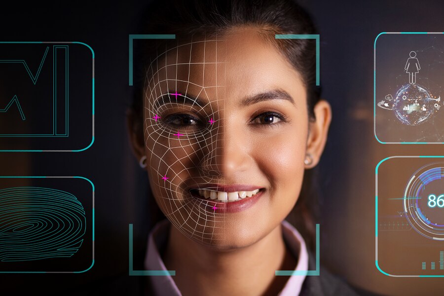 Facial recognition scanning a smiling woman.