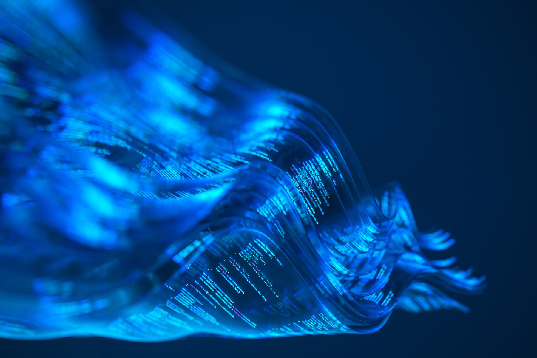 Blue abstract wave made of glowing digital lines on a dark background.