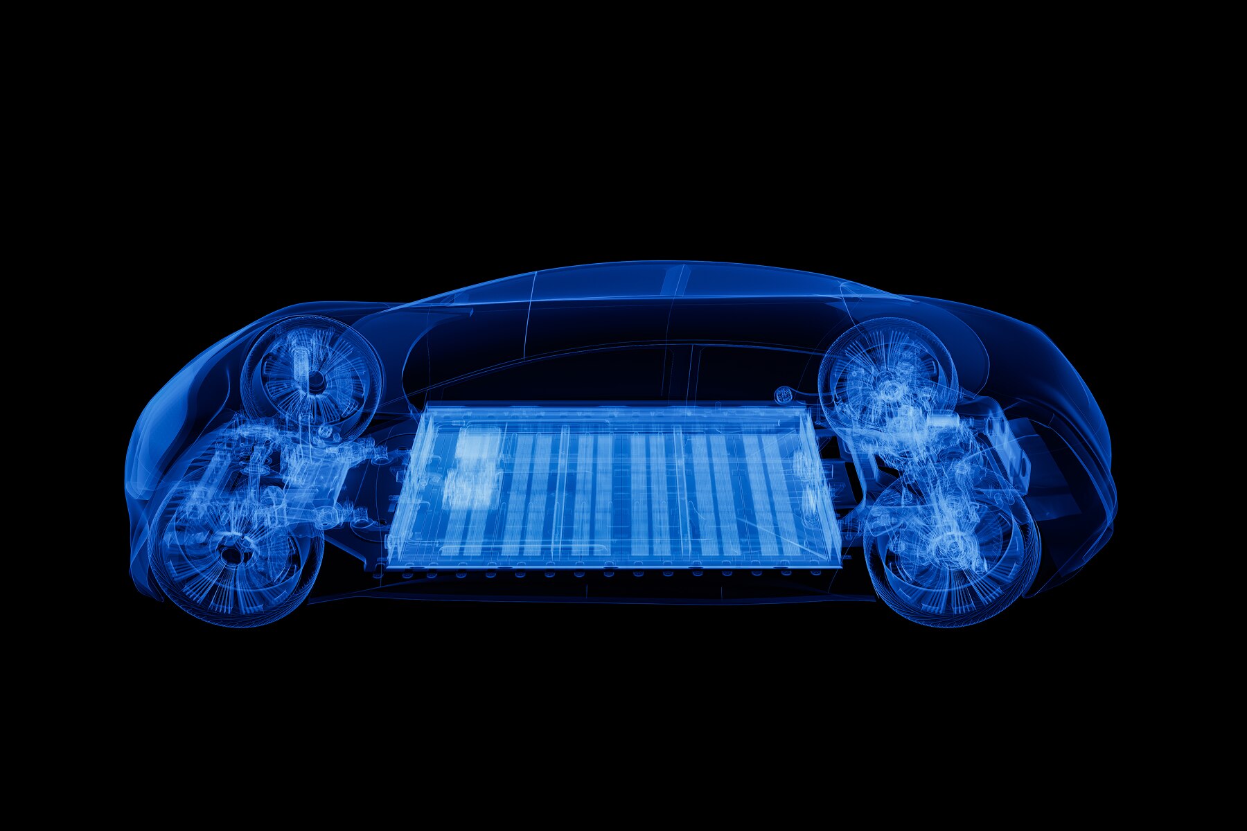 Transparency car inside with blue chasis and outline in neon blue color