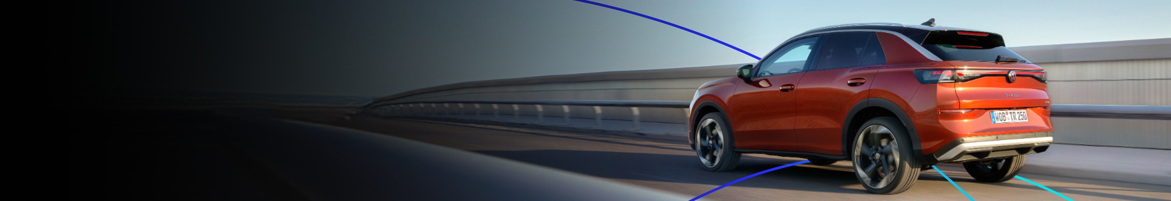 Volkswagen ID.4 electric vehicle driving on a highway with dynamic blue lines representing intelligent driving technology