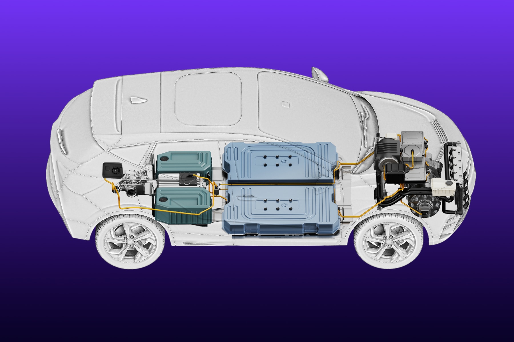 Detailed electric car powertrain and battery system diagram showcasing EV technology design.