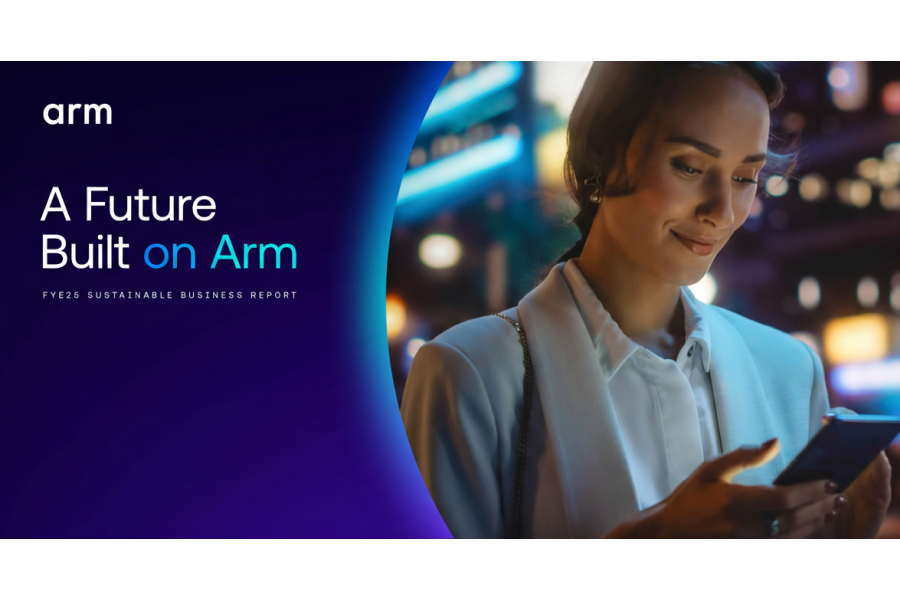 Arm sustainable business report cover with woman using smartphone at night.