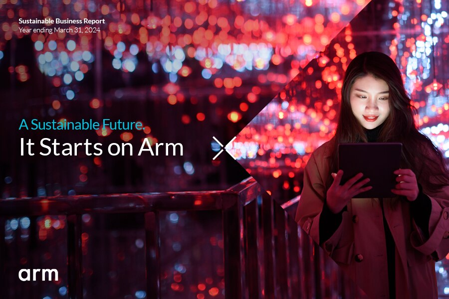 Sustainable Business Report cover featuring a woman using a tablet against a backdrop of vibrant red lights.
