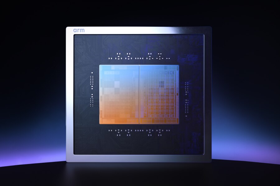 Arm silicon chip showcasing advanced processor design and computing technology.