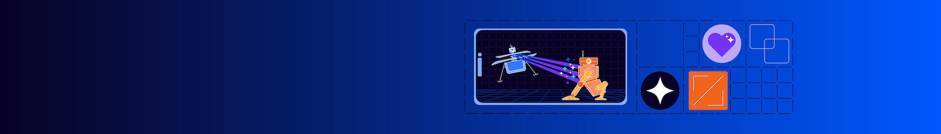 Stylized image of a robot fighting a drone on a digital grid.