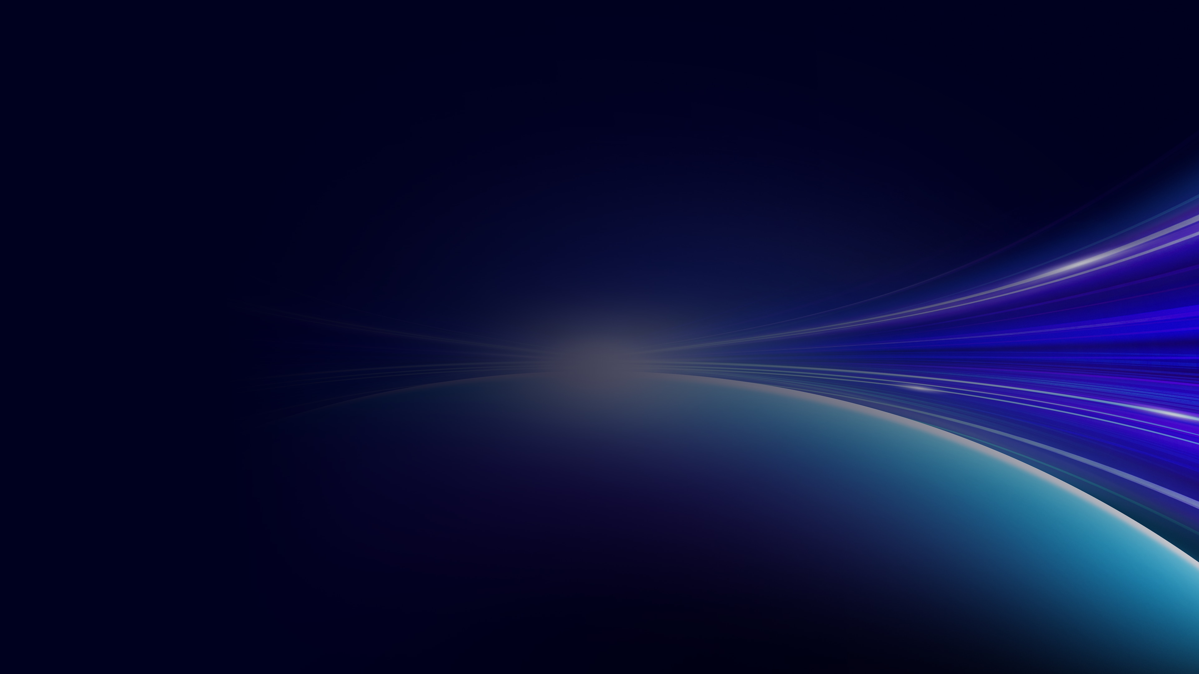 Abstract dark blue background with a glowing curved horizon and streaks of blue and purple light extending across the right side.