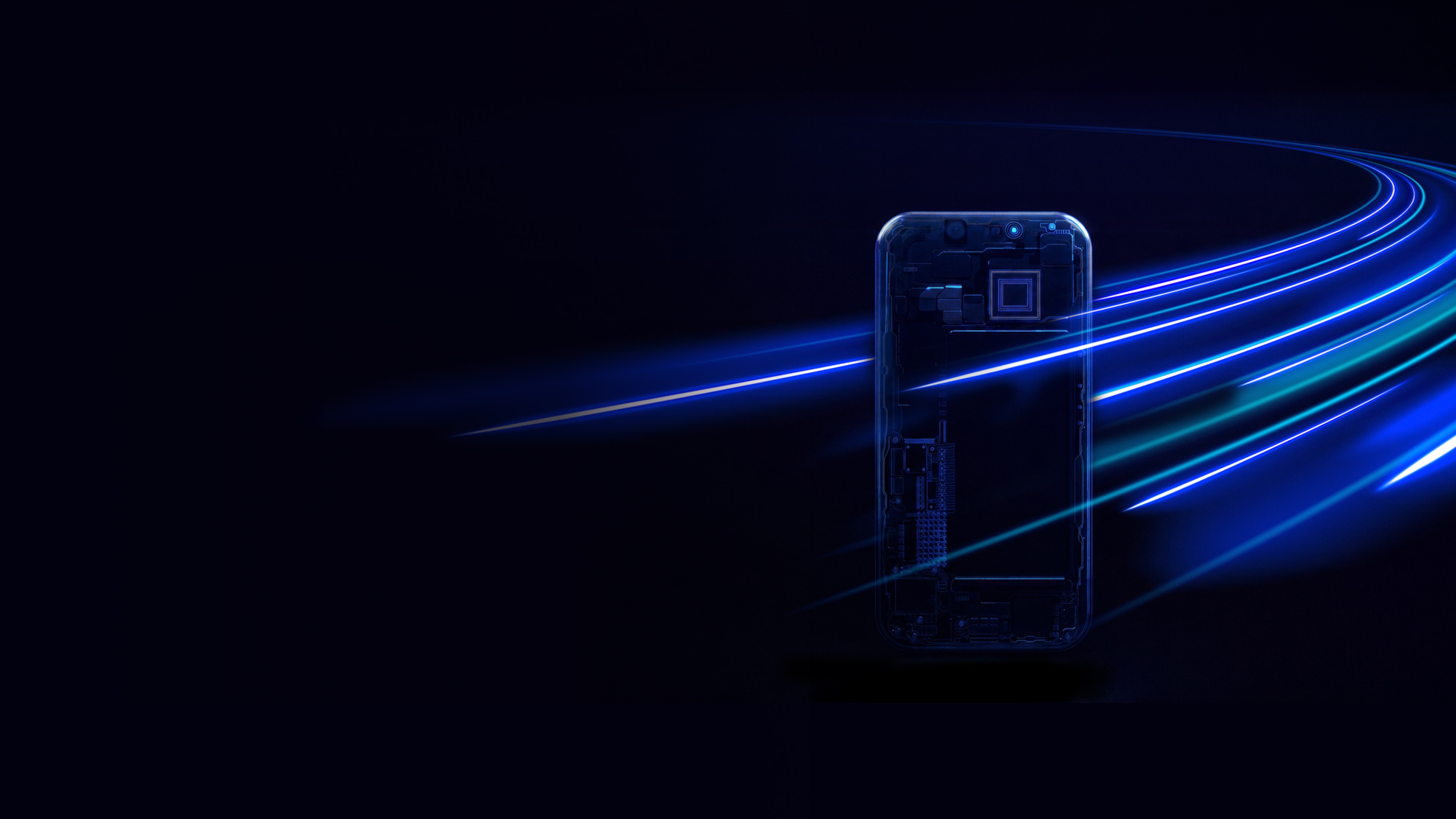 Transparent smartphone revealing its internal components, with glowing blue and purple data streams passing through it.