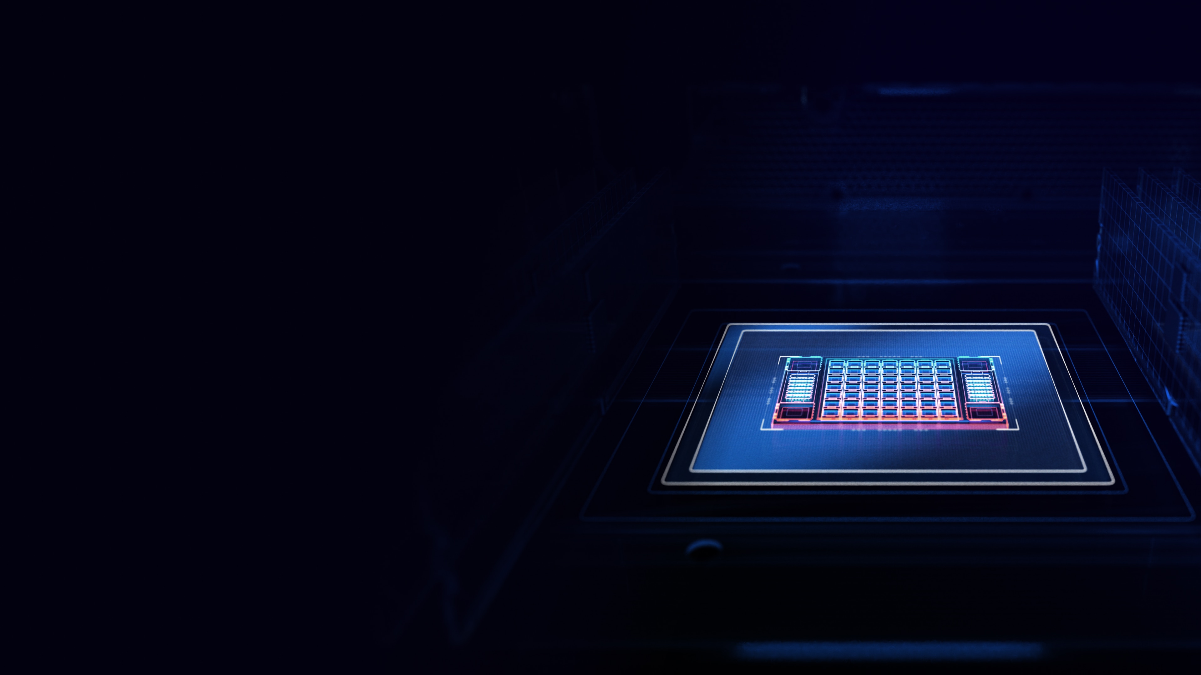 Stylized processor chip illuminated in blue and purple, set against a dark, futuristic computing background.