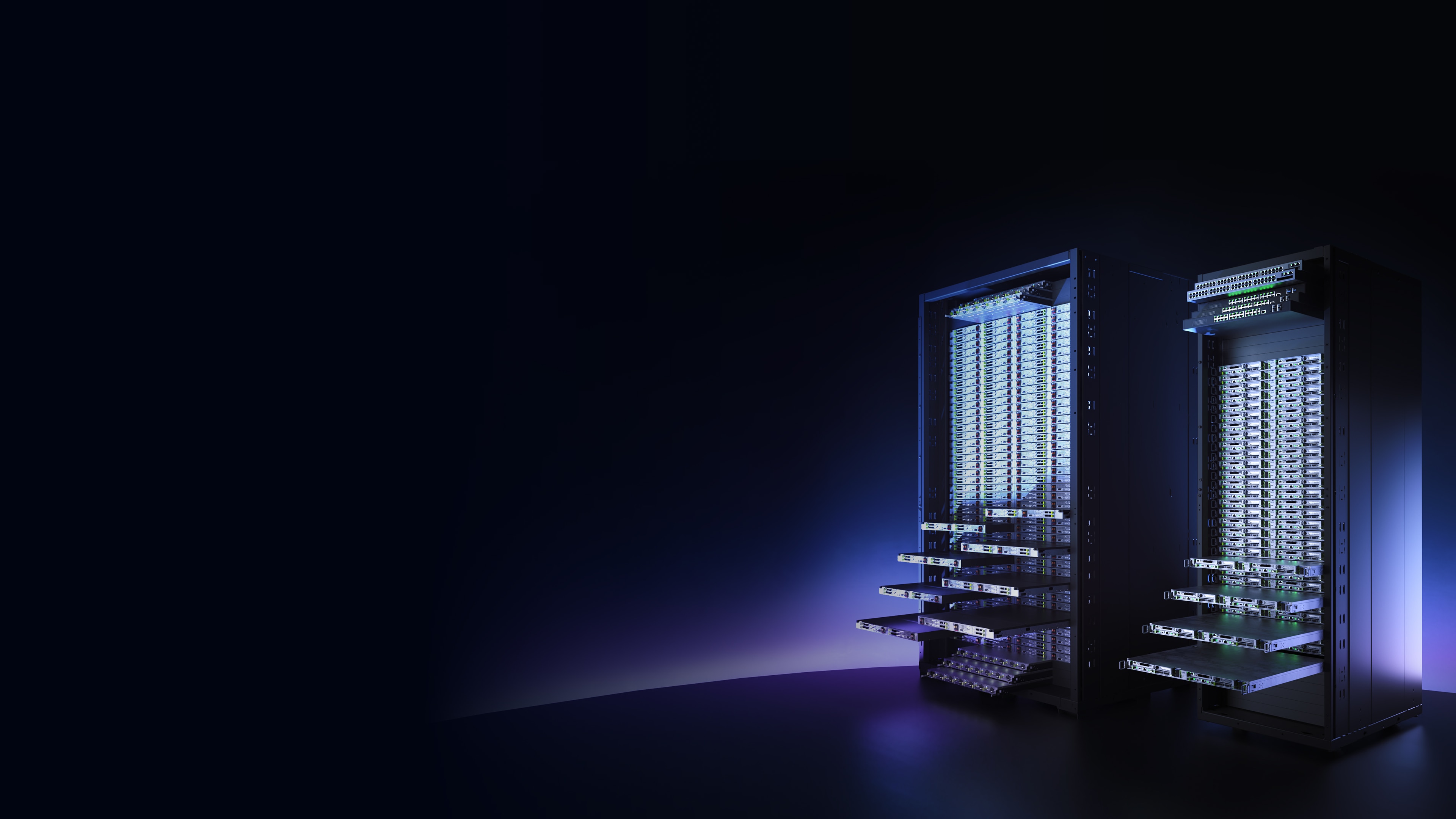 Two high-performance server racks with multiple computing modules illuminated by blue and purple lighting, showcasing advanced data center infrastructure.