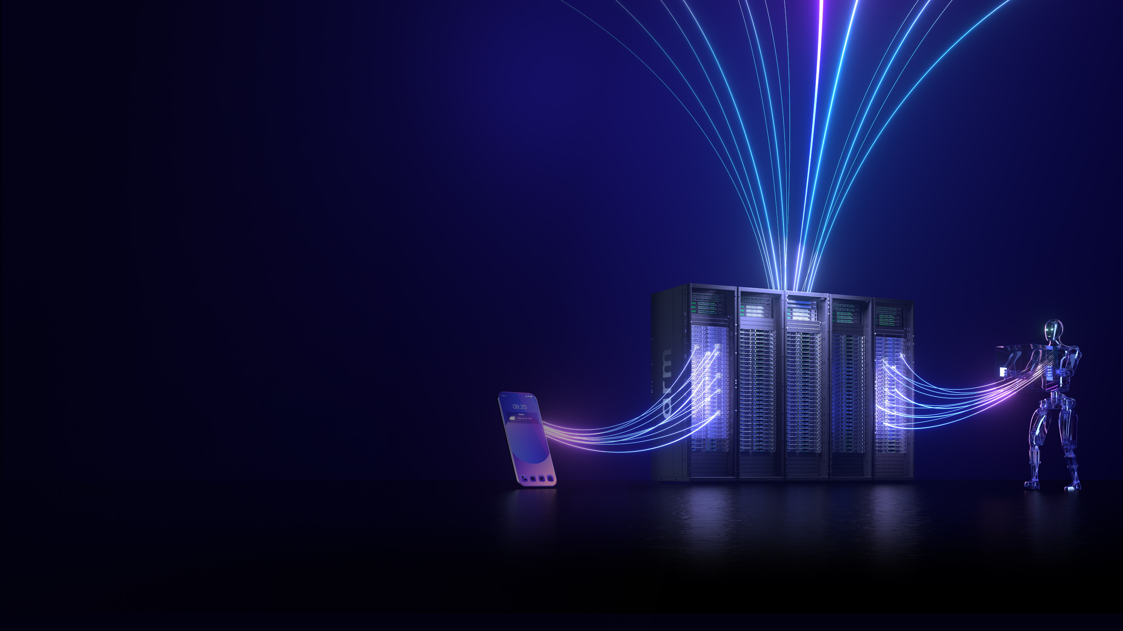 Smartphone, data center servers, and humanoid robot connected by glowing data streams, illustrating AI and computing from cloud to edge.