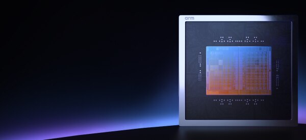 Arm AGI CPU chip illuminated against a dark blue background