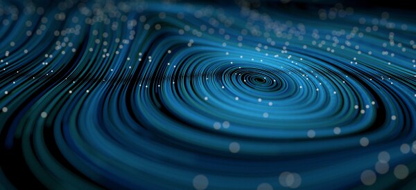 Abstract blue data wave lines forming a vortex with glowing particles.