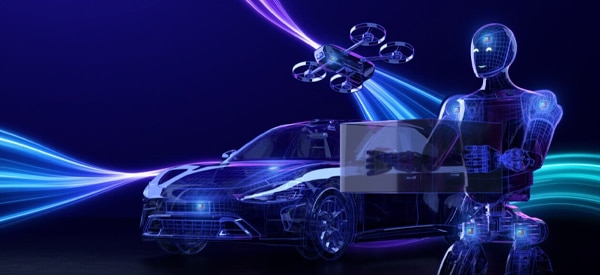 Digital illustration of an AI robot, connected vehicle, and drones.