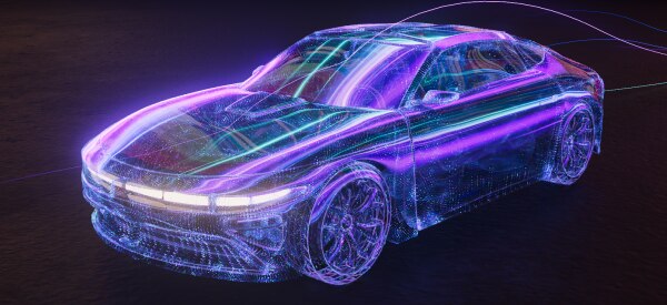 Futuristic car with glowing purple and blue digital wireframe.