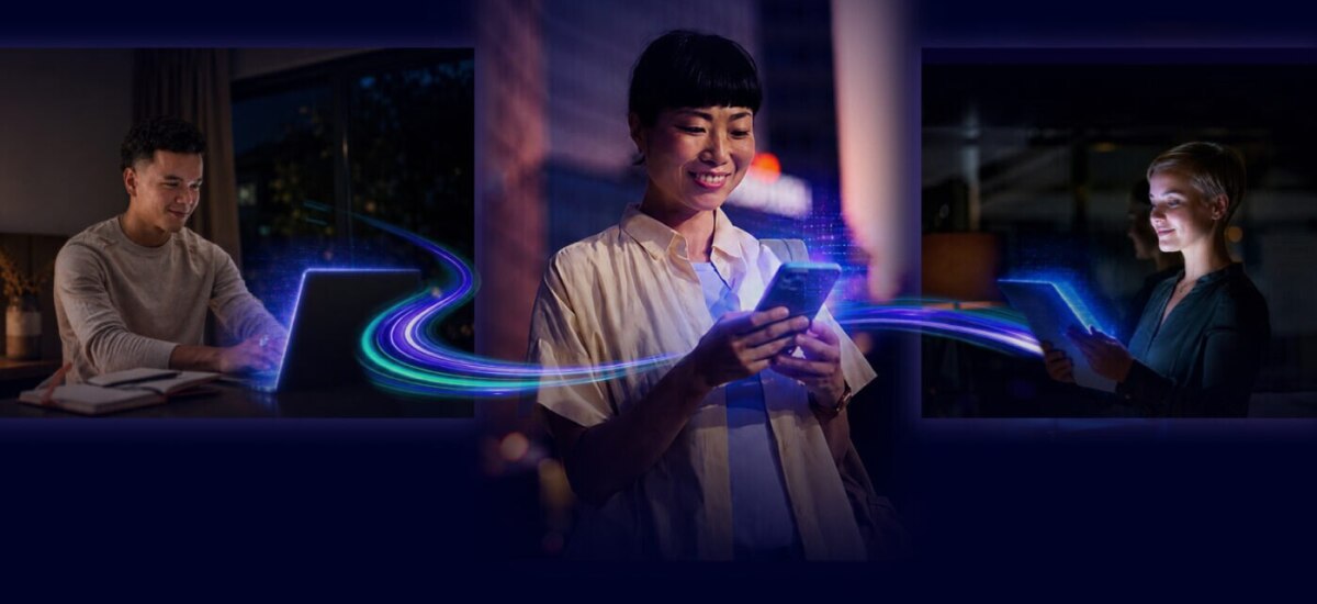 People using smartphones, laptops, and tablets, connected by glowing digital pathways representing mobile computing.