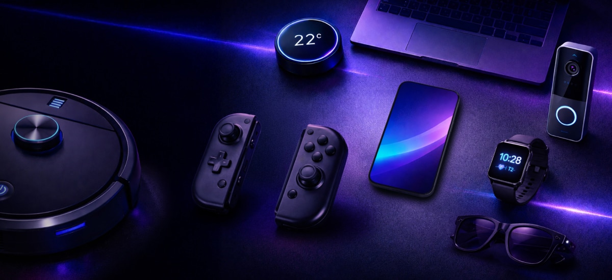 Connected smart devices including phone, smartwatch, thermostat, and home automation products.