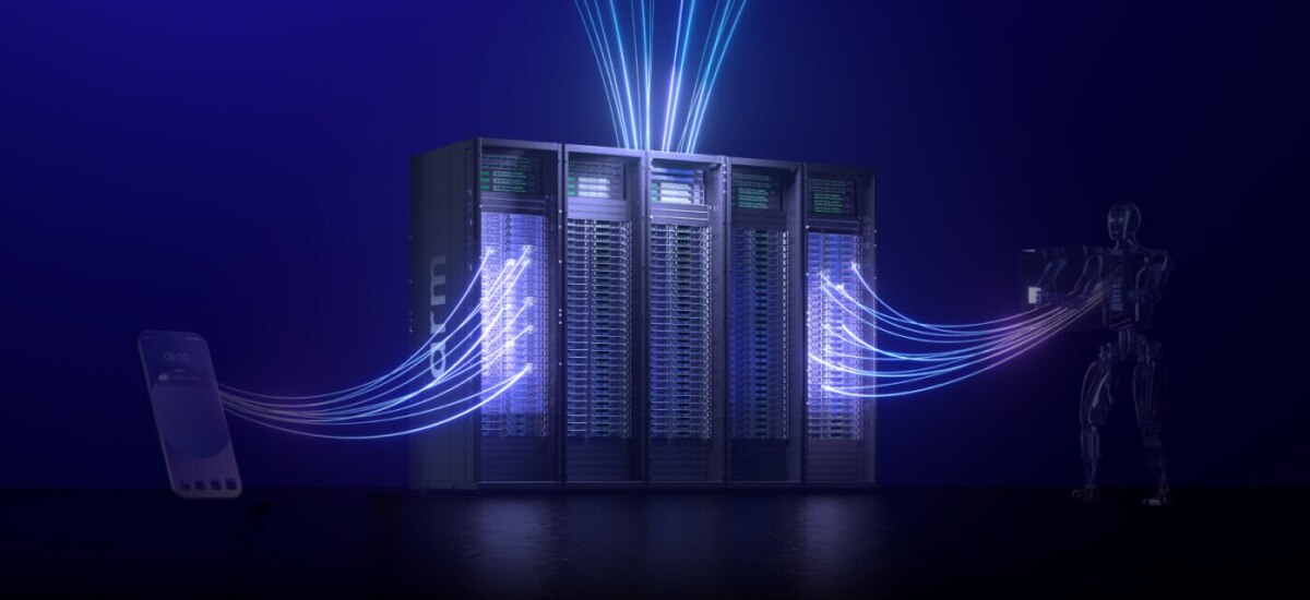 Arm-powered data center servers connected to a smartphone and humanoid robot through glowing digital pathways.
