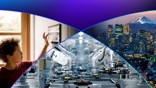 孩子与平板互动，机器人生产线和城市夜景的拼接图