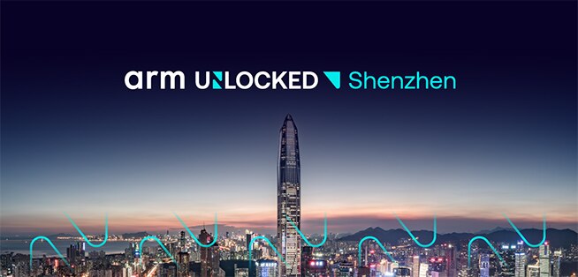 Arm Unlocked Shenzhen event banner over Shenzhen cityscape at sunset.
