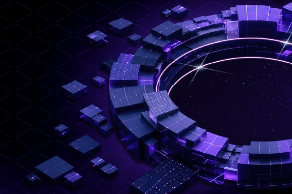 Abstract futuristic digital architecture with glowing purple and blue geometric blocks arranged around a circular portal.