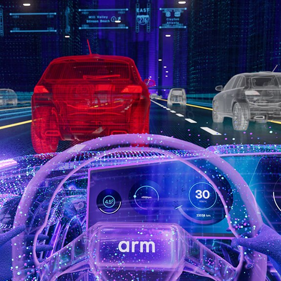 Driver-view visualization of ADAS detecting surrounding vehicles and traffic conditions.