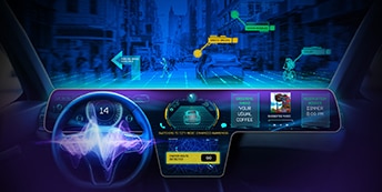 Digital cockpit interface displaying navigation, AI assistance, and in-vehicle infotainment.